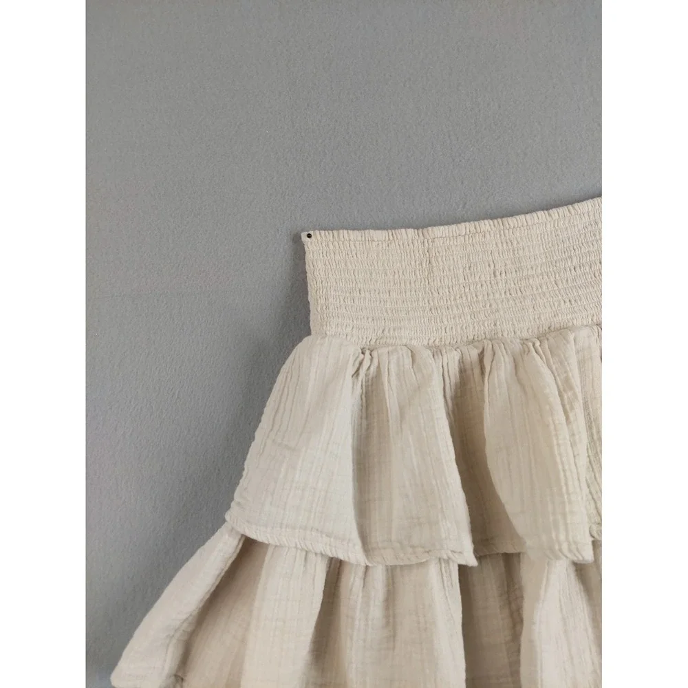 Universal Women Mini Skirt XS Beige 100% Cotton Tiered Ruffle Smocked Waist Boho